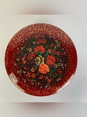 Vintage Daher Decorated Ware England Floral Round Tin Metal Container Red Gold